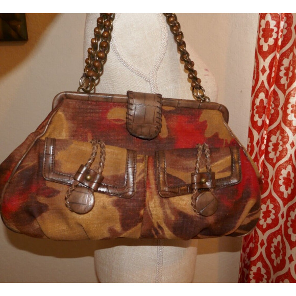 Nine West Multi-Color Textile Fabric Purse Handbag Wood Beaded Straps - Picture 2 of 13